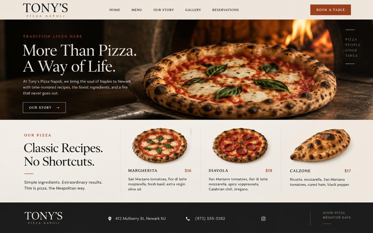 The same shop refreshed: calm layout, large pizza photography, same name, address and menu.