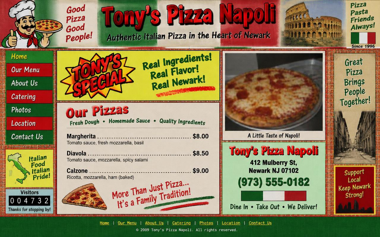 Tony's Pizza Napoli's old website: cluttered layout, clashing colours and a small blurry pizza photo.